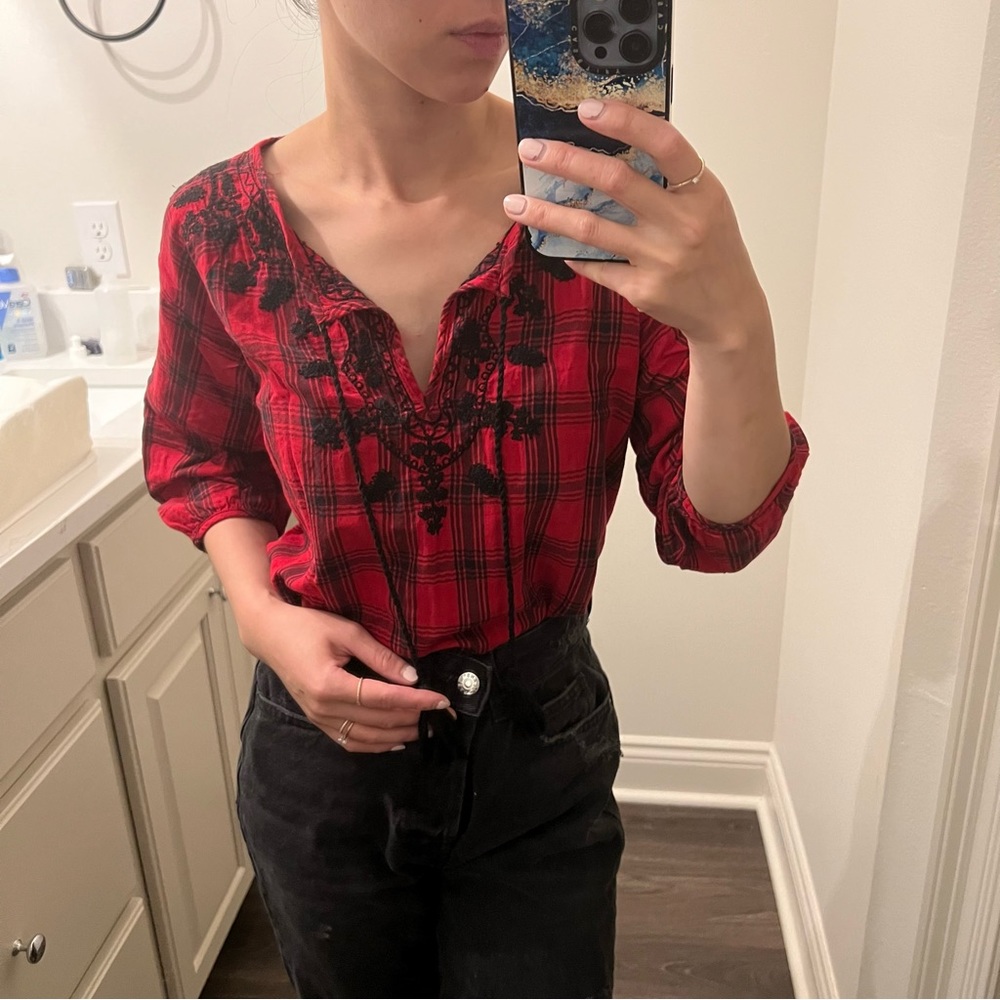 Red & Black Plaid Long Sleeve Peasant Top